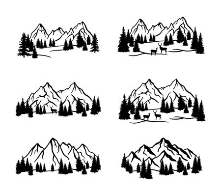 Mountain silhouette with pine tree and deer. Set of rocky mountains in forest. Nature scene vector illustration on white background. Collection of monochrome rocksのイラスト素材