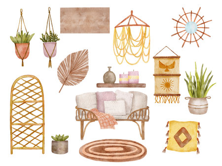 Watercolor hand drawn scandinavian cozy home interior decoration with potted plants. Boho decor elements for living room isolated on white backgroundの写真素材