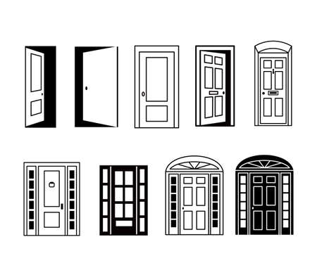 Different doors icons collection. Open and closed silhouette of door to house isolated on white background. Vector entrance in outline style.のイラスト素材