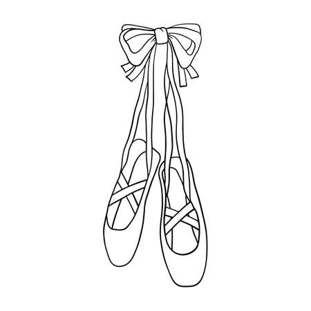 Ballerina pointe shoes hanging on bow. Outline black and white vector illustration isolated on whiteのイラスト素材