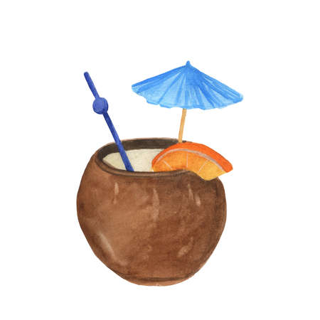 Coconut cocktail with a straw and an umbrella, highlighted on white. A tropical drink in half a coconut. Watercolor hand-drawn illustration is a symbol of summer and holidays on the beachの写真素材