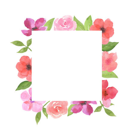 Watercolor flowers square frame. Blossom roses and leaves. Elegant floral frame isolated on white background. Hand drawn watercolor.の写真素材