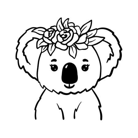 Cute koala in floral wreath. Flowers, spring, bouquet of roses and australian animal .Vector outline illustration isolated on white background. Portrait of baby koalaのイラスト素材