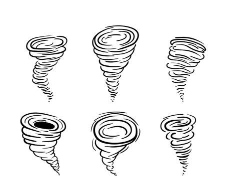 Set of outline silhouette toronado. Collection of destructive natural vortex. Stylized line hurricane. Vector illustration of a weather cataclysm isolated on white backgroundのイラスト素材