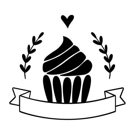 Monochrome bakery or store icon. Cupcake with banner and leaves. Vector hand-drawn illustration in lineart style is isolated on white background.のイラスト素材