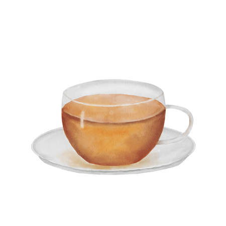 Watercolor Cup of tea isolated on white background. Drawing of classic glass cup with saucerの写真素材