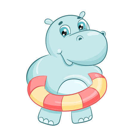 Hand drawn cute hippo with swimming circle vector illustration. Cartoon hippopotamus isolated on white background. Cute baby character for printing, postcards and invitationsのイラスト素材
