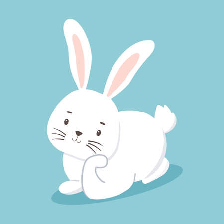 Cute character white bunny lying and dreaming. Vector illustration of rabbit isolated on blue background. Symbol new year 2023 and Easterのイラスト素材