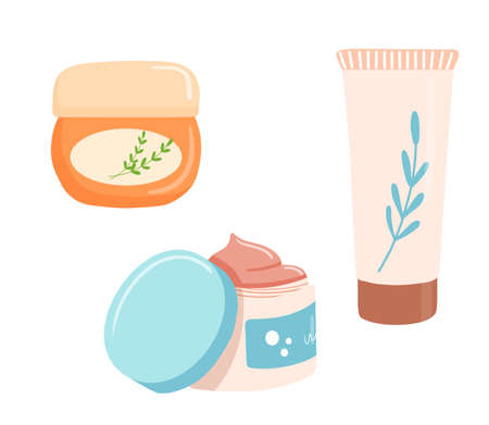 Skin care products illustration, body lotion, scrab and cream, liquid soap. Flat cosmetic object in tube with palm leafのイラスト素材
