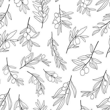 Seamless pattern with Olive branches. Line illustration with olive leaves isolated on white. Food of mediterranean cuisineのイラスト素材