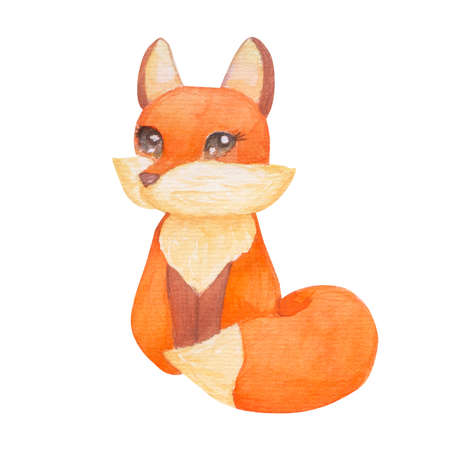 Illustration of watercolor cute sitting fox. Hand drawn character forest animal isolated on white background. Woodland illustrationの写真素材