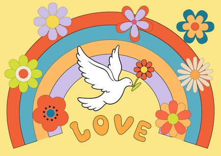 Groovy poster 70s with dove of peace. Retro print with hippie elements. Cartoon psychedelic landscape with hippy flowers daisy and rainbowのイラスト素材