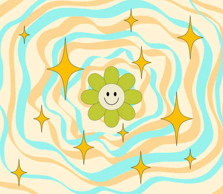 Vintage groovy poster with smiling flower daisy. Retro hippie graphic illustration. Vector background in 1970 style.のイラスト素材