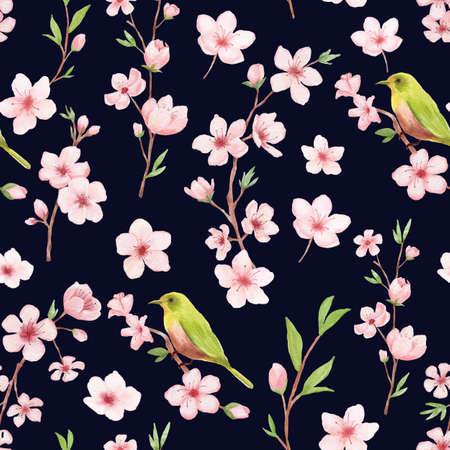 Branch of Cherry blossom watercolor seamless pattern on white backgraund. Japanese flowers and bird. Floral pink backgroundの写真素材