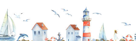 Watercolor seamless border with marine objects. Hand painted lighthouse, sailboat, dolphins and seagulls isolated on white. Background with Romantic girl in hatの写真素材