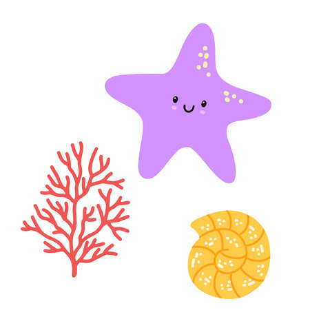 Cute cartoon seashell, starfish and seaweed isolated on white background. Vector marine illustration...