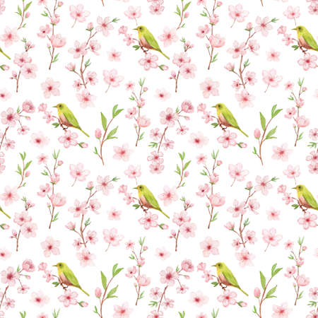 Branch of Cherry blossom watercolor seamless pattern on white backgraund. Japanese flowers and bird. Floral backgroundの写真素材