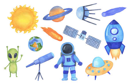Space illustration set. Hand drawn childish spaceship, planets, astronaut and ufo. Watercolor galaxy...