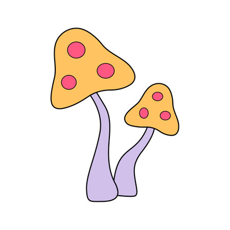 Groovy retro mushrooms. Hippie psychedelic sticker in 1970 style. Vector mushroom from 60s isolated on white backgroundのイラスト素材