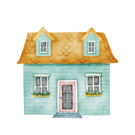 Hand drawn watercolor blue old and cozy small house. Cute cottage isolated on white backgroundの写真素材