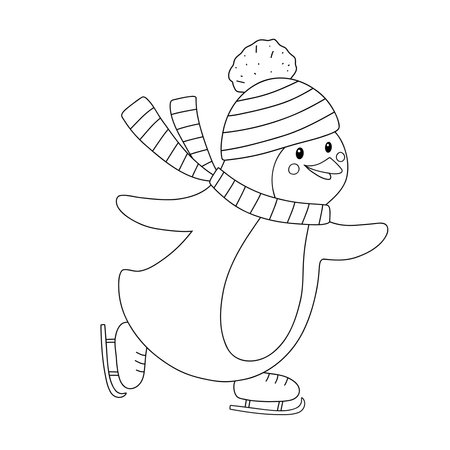 Outline Penguin in hat and scarf skates on ice. Cute line penguin skater isolated on white background. Childish vector character isolated on whiteのイラスト素材