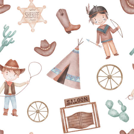 Watercolor hand drawn seamless pattern with indian boy in costume and cowboy with rope lasso. Cute childish illustration on white background. Wild west themeの写真素材