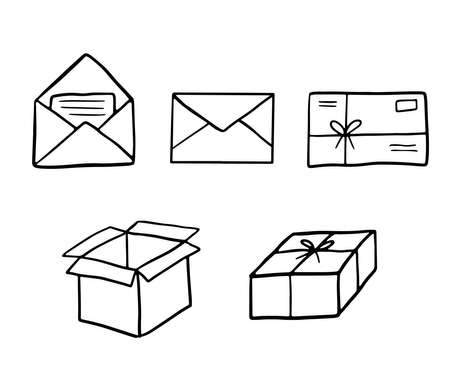 Hand drawn doodle mail. Open envelope with letter and envelope with stamp, boxのイラスト素材