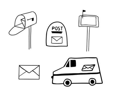 Hand drawn doodle mail. Open mailbox with letter and car. Set of postal elementsのイラスト素材