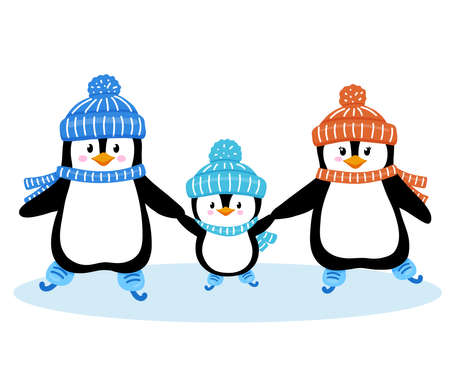 Vector illustration of cute penguin family isolated on white. Animals clipart in flat style. Penguins holding handsのイラスト素材