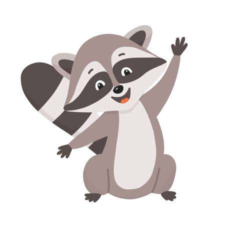 Funny cute cartoon raccoon waving hand. Vector illustration of small raccoon character isolated on whiteのイラスト素材