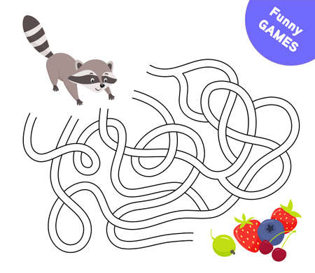 Help cute raccoon find path to berries. Labyrinth. Maze game for kids. Vector illustration character isolated on whiteのイラスト素材