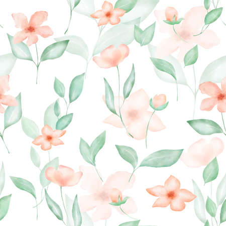 Watercolor floral seamless pattern with pink flowers and leaves. Spring colorful decor with hand drawn illustrations on white backgroundの写真素材