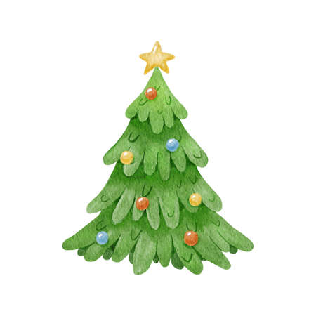 Watercolor abstract cute fir tree with balls, winter Christmas tree hand drawn illustration isolated on white backgroundの写真素材