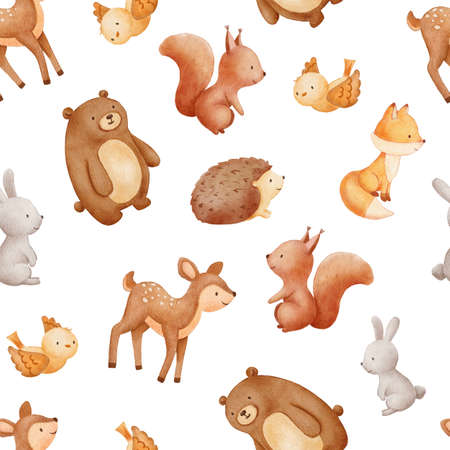 Seamless watercolor pattern with cute forest characters. Bear, bird, fox, deer and other animals stylizedの写真素材