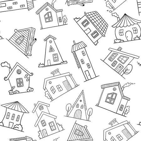 Seamless monochrome pattern with Hand drawn vector houses. Cute rural building on white background. Doodle illustrationsのイラスト素材