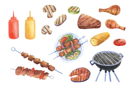 Barbecue grill with fried meat steak, mushrooms and vegetables. Watercolor Grilled chicken and fish. Cooked bbq set isolated on white.の写真素材