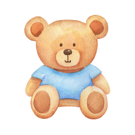 Watercolor cute bear toy in blue T-shirt. Hand drawn illustration isolated on whiteの写真素材