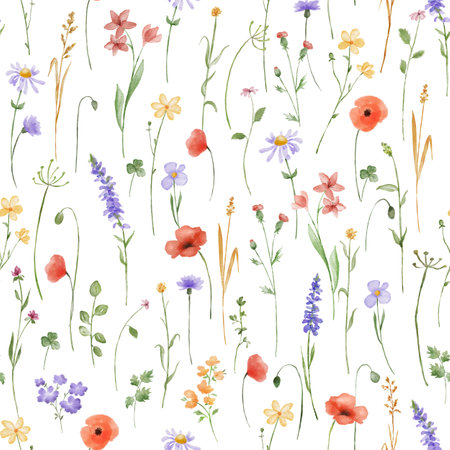 Watercolor floral seamless pattern with flowers poppy and lavender. Spring colorful decor with hand drawn wildflowers on white backgroundの写真素材