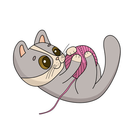 Hand drawn illustration character cat playing wool ball. Funny cartoon kitty isolated on white. Vector childish illustrationのイラスト素材