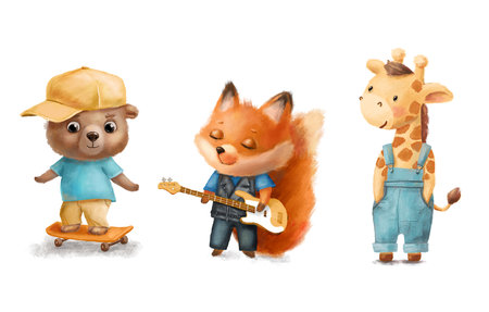 Giraffe and bear in clothes. Cool fox in jacket and jeans plays bass guitar. Hand Drawn illustration isolated on white backgroundの写真素材