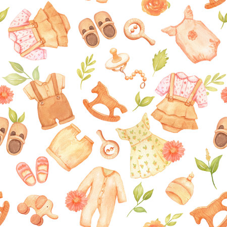 Seamless watercolor pattern with Infant cute clothes and toys on white background.の写真素材