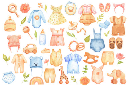 Infant cute clothes and toys on white. Nursery watercolor set. Baby dress, bottle, rattle and slidersの写真素材
