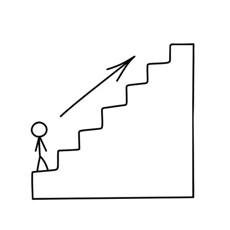 Man climbs up the stairs. Outline hand drawn startup symbol isolated on white background. Doodle illustrationのイラスト素材