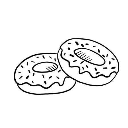 Donut black and white outline icon. Line sweet isolated on white.のイラスト素材