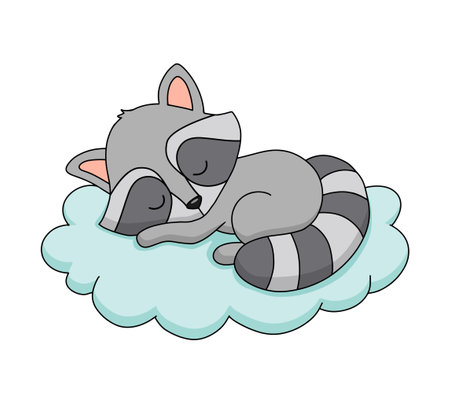 Cute dreaming baby raccoon on cloud. Cartoon hand drawn vector illustration. Baby animal isolated on whiteのイラスト素材