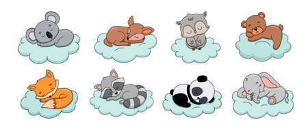 Cute dreaming baby bear on cloud. Cartoon hand drawn vector illustrations set. Baby animal koala, fox, panda, elephantのイラスト素材