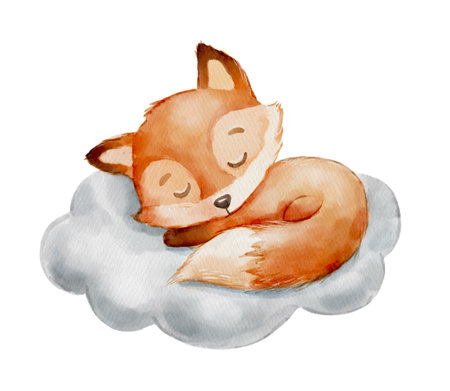 Cute dreaming fox on cloud. Cartoon hand drawn watercolor illustration. Baby animalの写真素材
