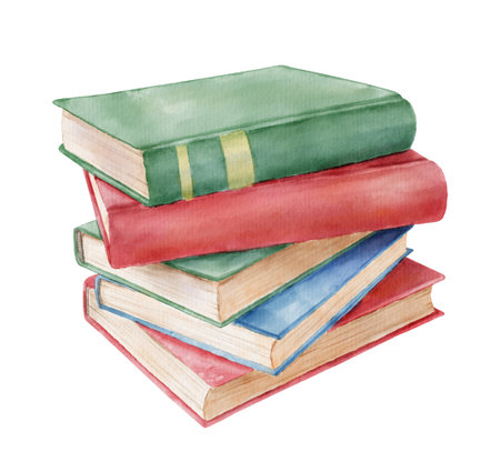 Stack of books. Hand drawn literature for reading and study. Watercolor illustration isolated on white.の写真素材