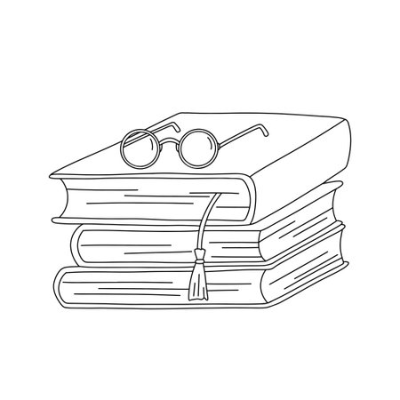 Vector line books with bookmark and glasses. outline illustration. book stack iconのイラスト素材
