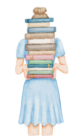 Young female student in dress holds stack of books. Girl with book in hands isolated on white. Watercolor illustrationの写真素材